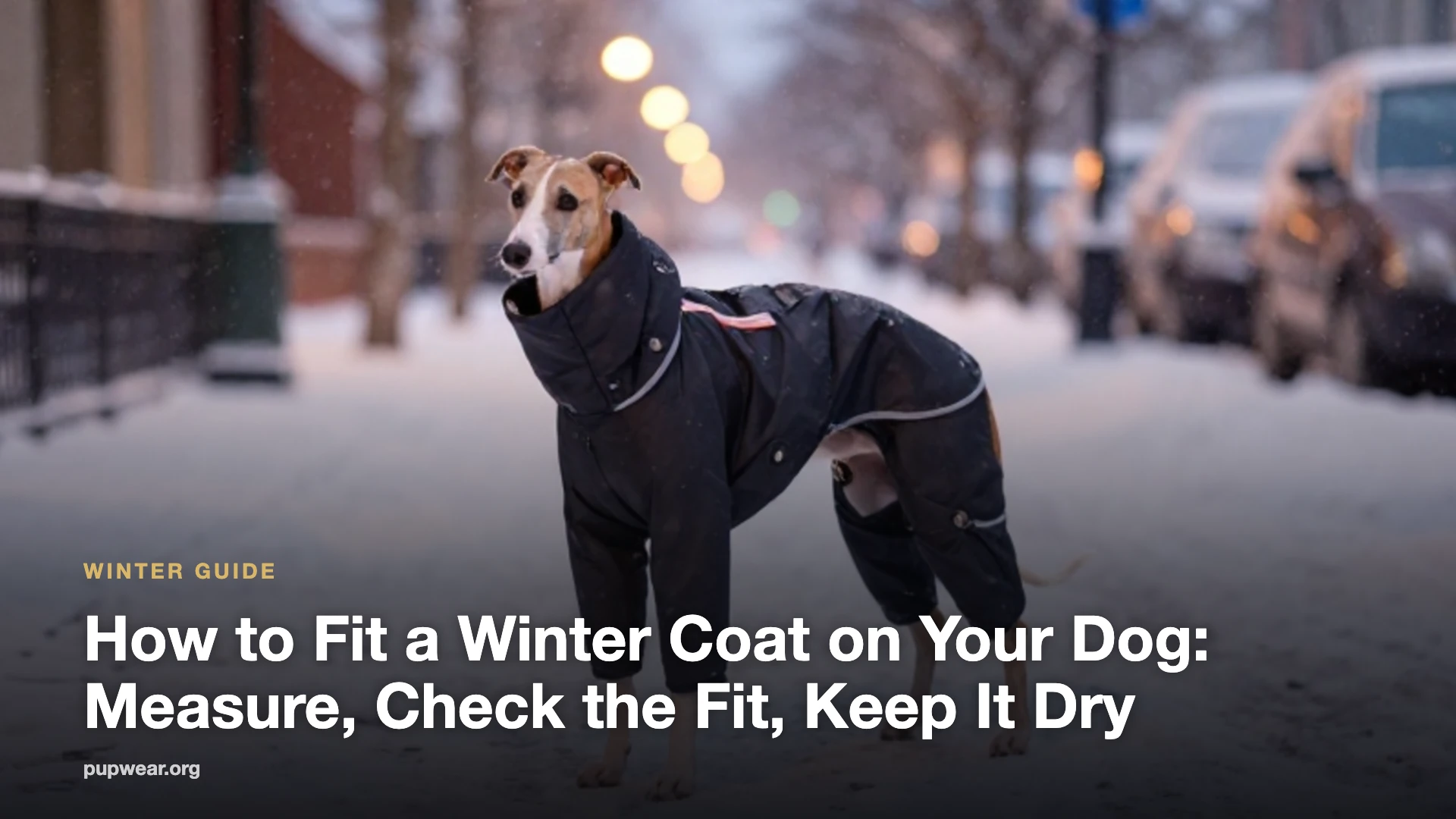 A short-haired whippet in a fitted waterproof winter coat with reflective trim standing on a snowy sidewalk at dusk.