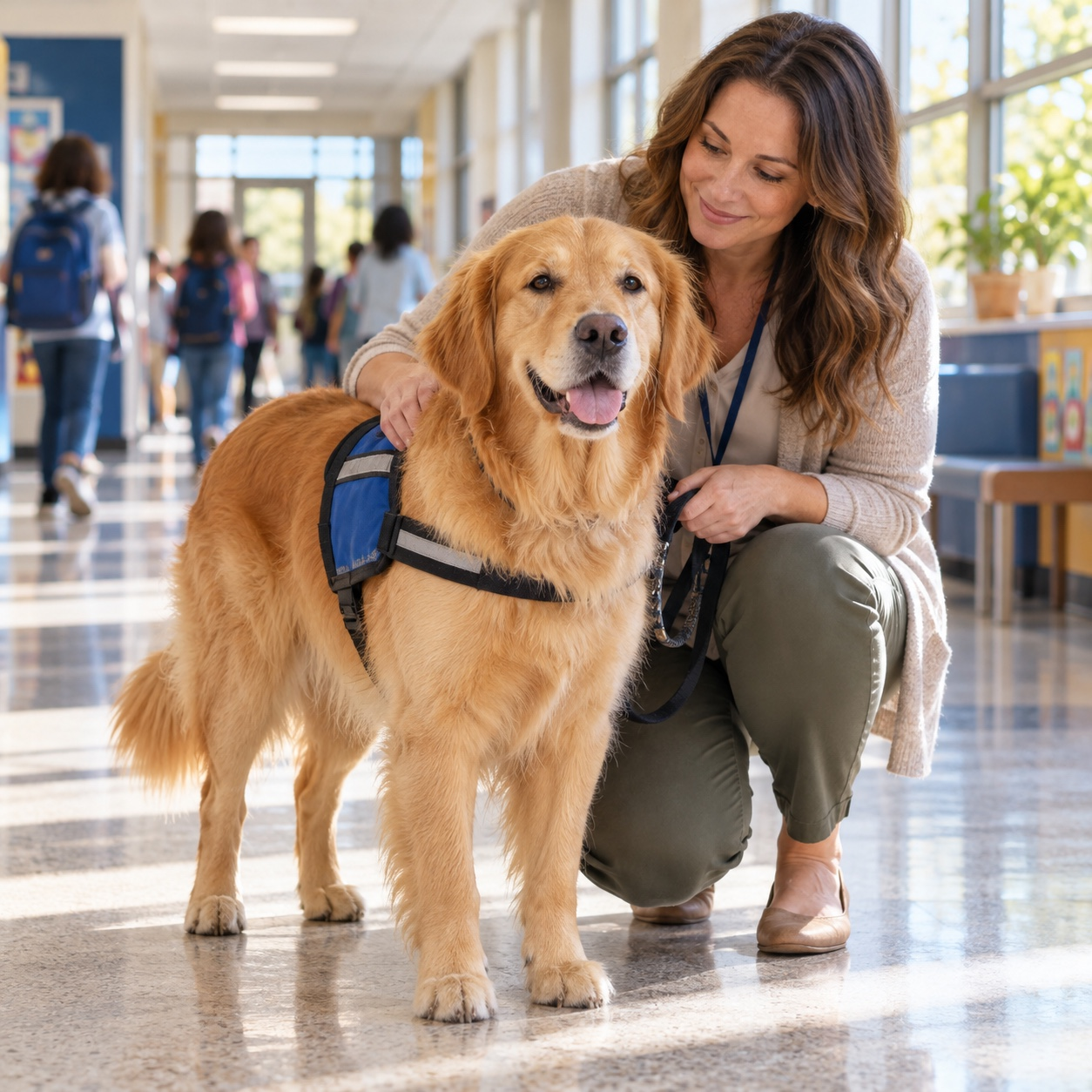 Golden retriever support dog with a school counselor in a bright hallway